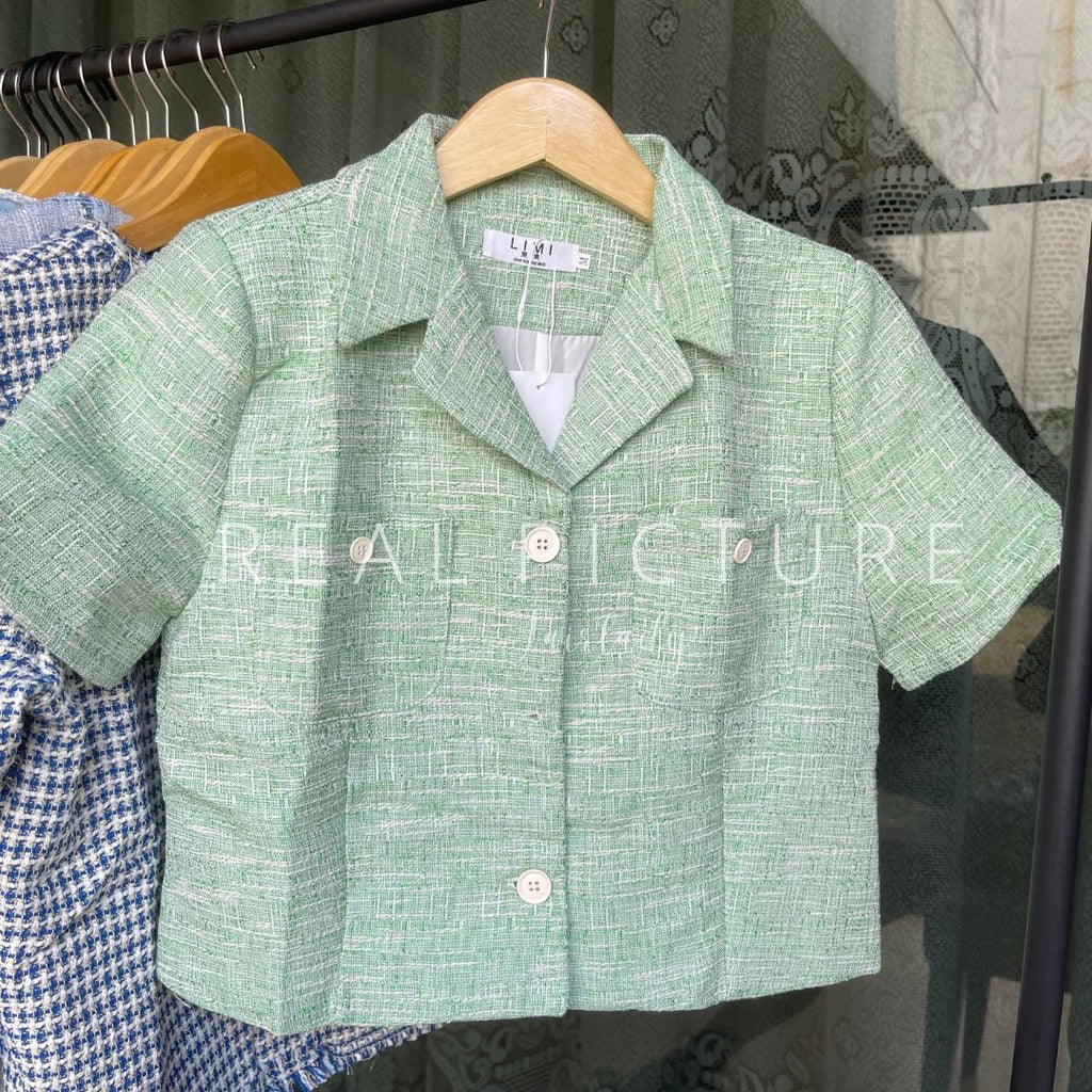 LD 92/74 Sharon Gray Green Set Tweed Top+Shorts BlazerFairlady