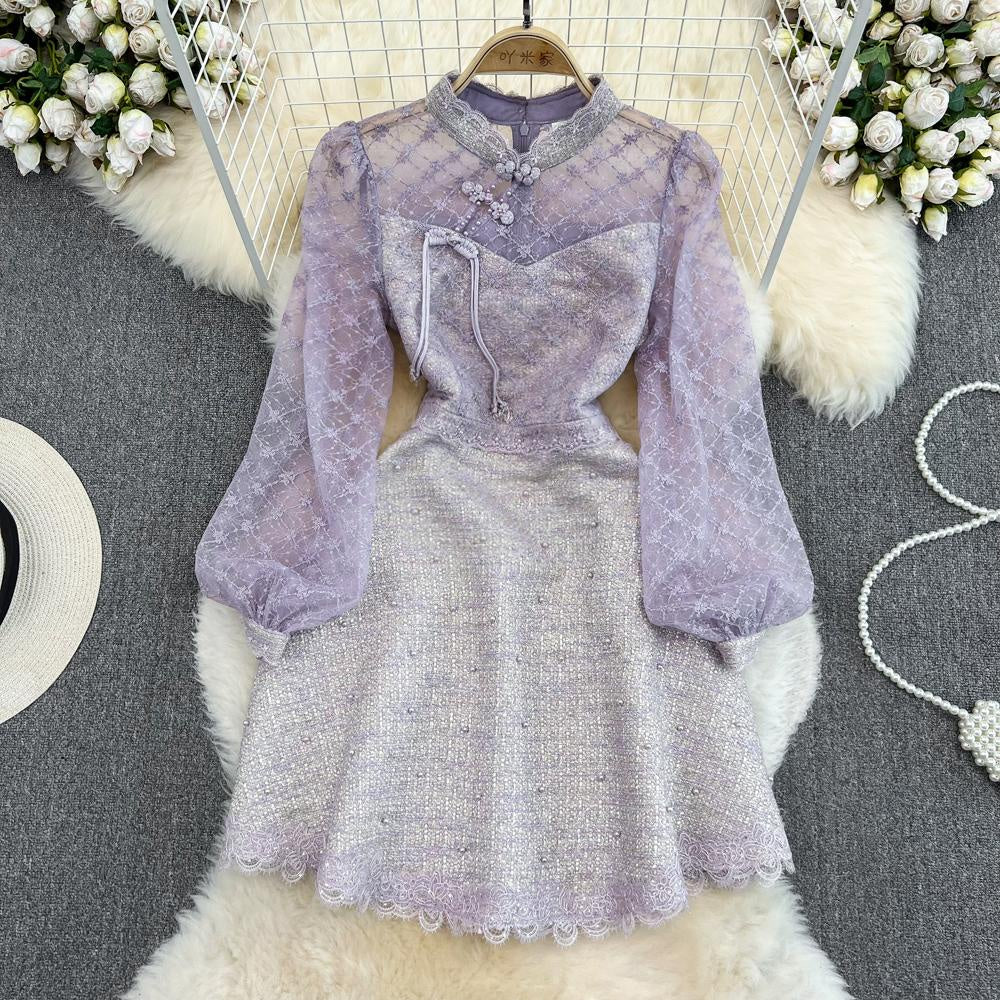 [READY] LD 86-98 Gaiana Tweed Lilac Brukat Lace Dress Pesta Wanita Korean Style Premium Fairlady_id