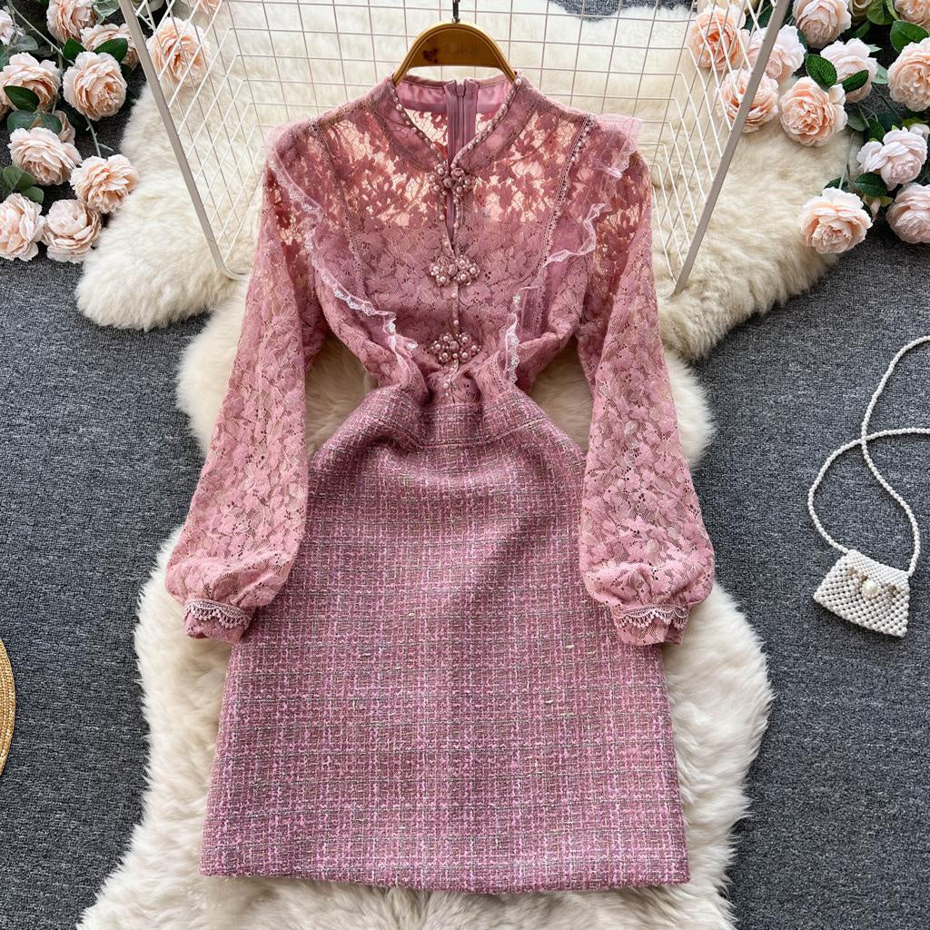 [READY] LD 86-96 Daleyza Pink Tweed Lace Dress Korea Premium Fairlady_id