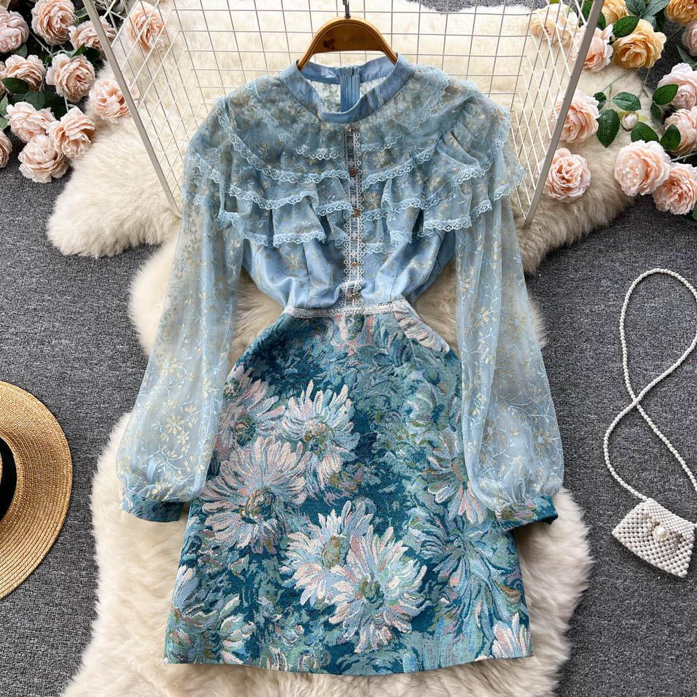 [READY] LD 96-100 Marica Blue Brukat Lace Dress