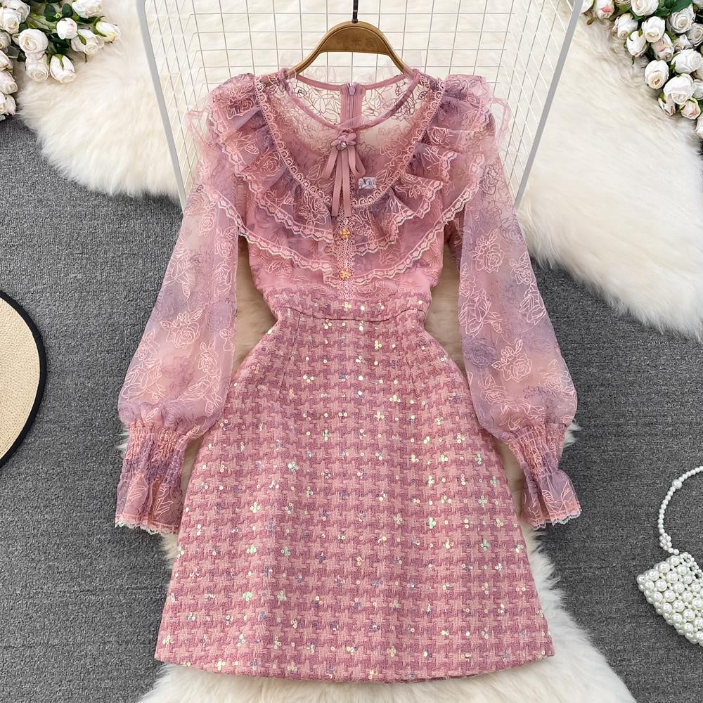 [READY] LD 88-94 Eireen Pink Tweed Brukat Lace Dress Pesta Wanita Korean Style Premium Fairlady_id