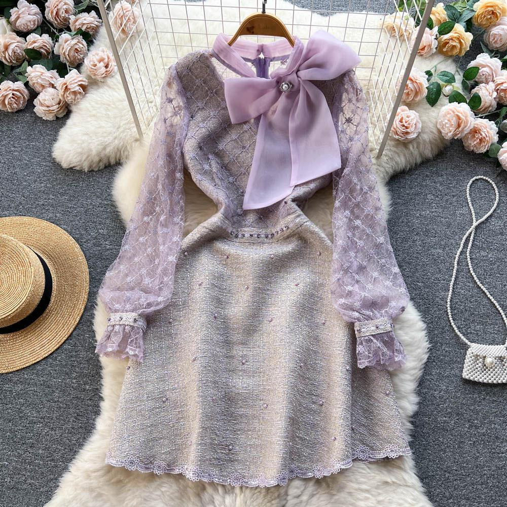 [READY] LD 90-96 Amrita Lilac Tweed Lace Brukat Ribbon Dress Korean Style Premium Fairlady_id