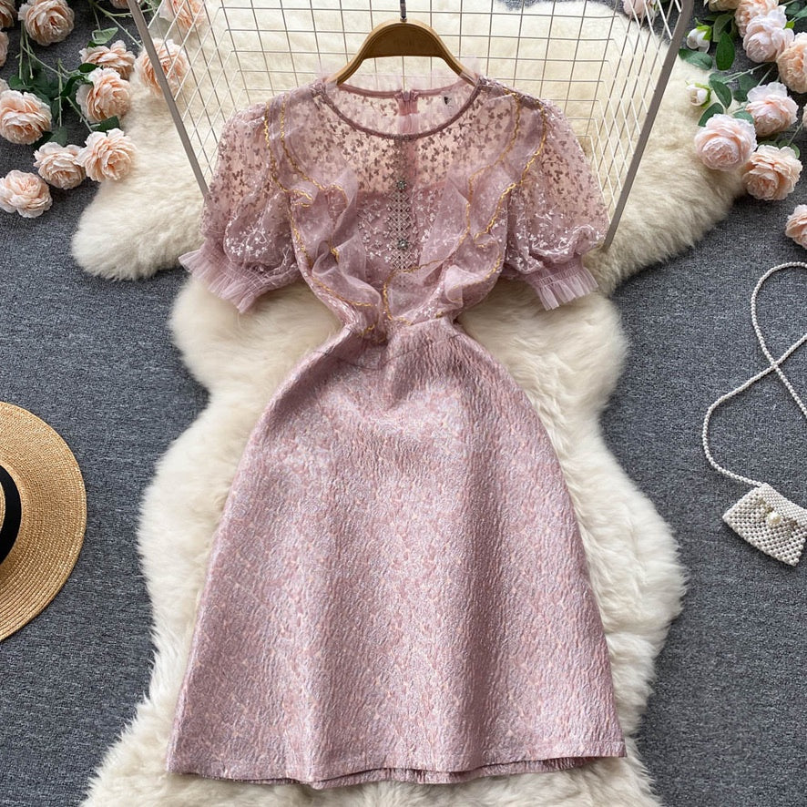 [READY] LD 90-96 Evadne Pink-Gold Brukat Lace Jacquard Dress Korea Premium Fairlady_id 181