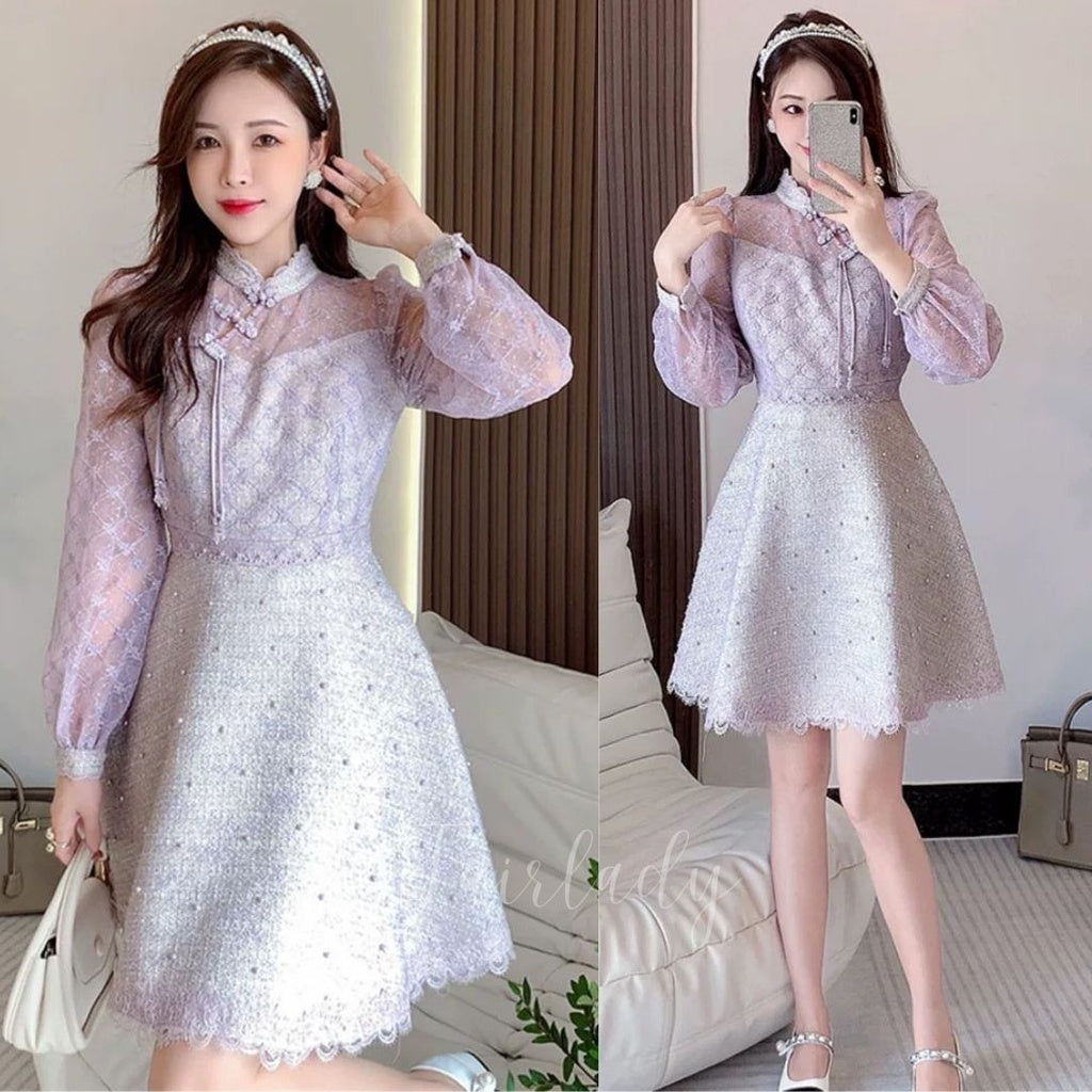 [READY] LD 86-98 Gaiana Tweed Lilac Brukat Lace Dress Pesta Wanita Korean Style Premium Fairlady_id