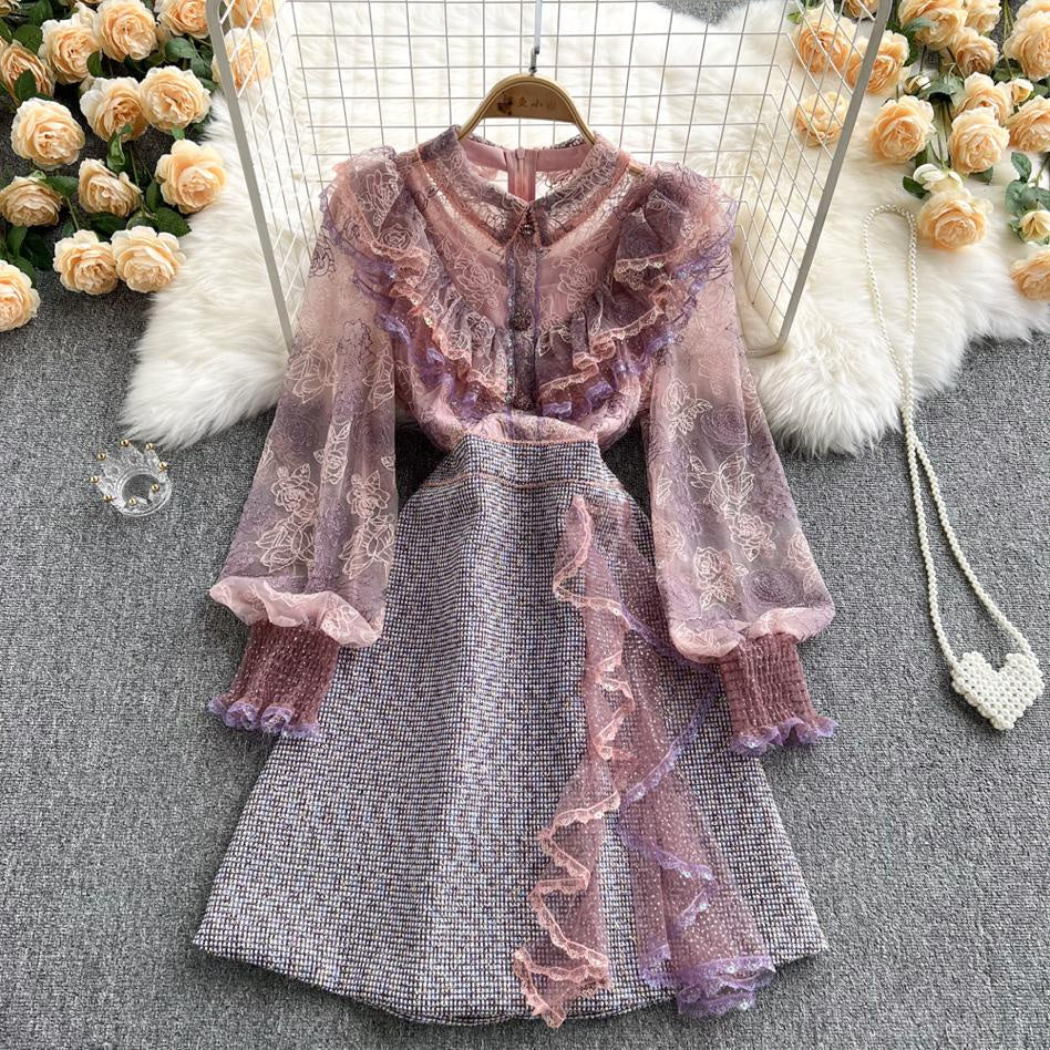 [READY] LD 92-102 Elita Pink-Purple Tweed Lace Dress