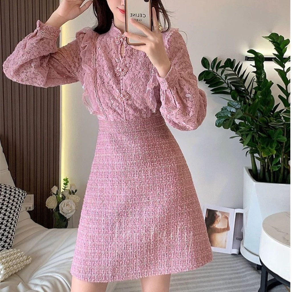 [READY] LD 86-96 Daleyza Pink Tweed Lace Dress Korea Premium Fairlady_id