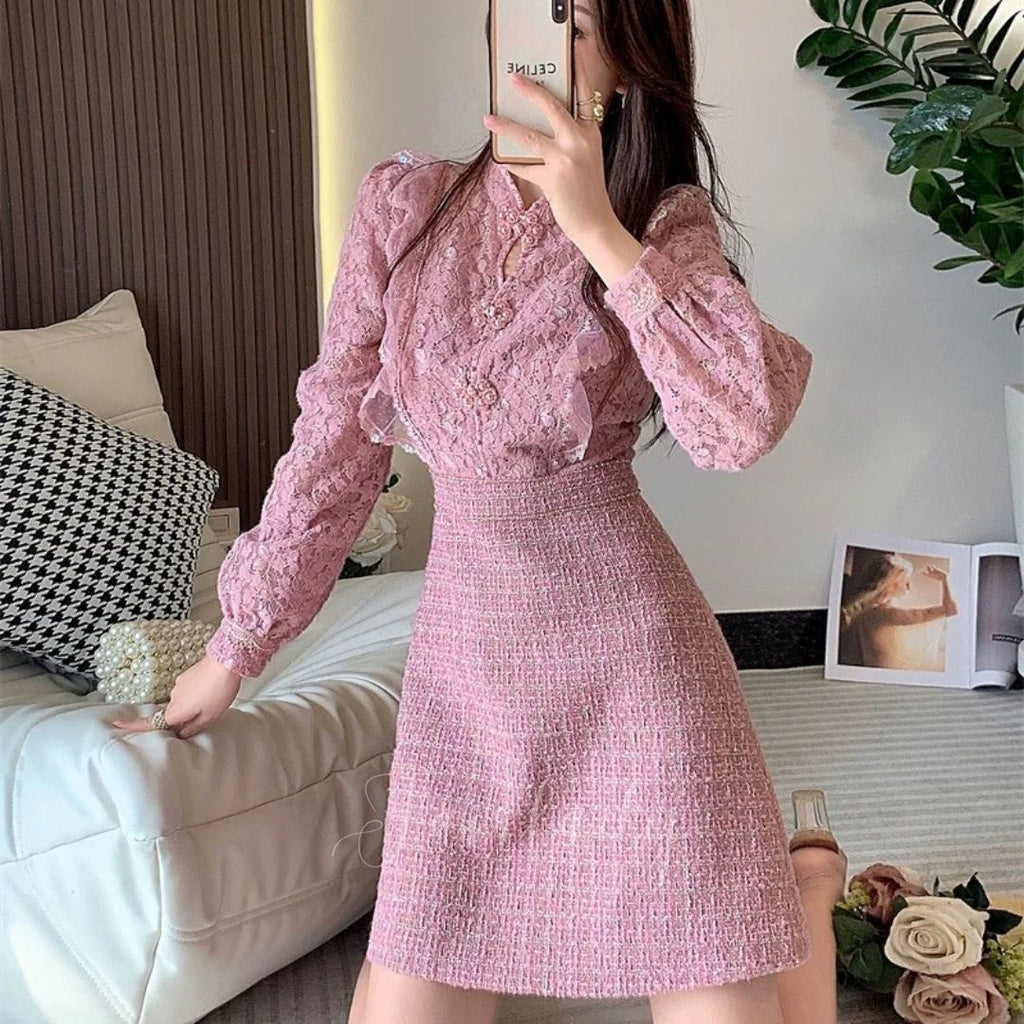 [READY] LD 86-96 Daleyza Pink Tweed Lace Dress Korea Premium Fairlady_id