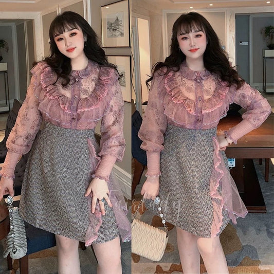 [READY] LD 92-102 Elita Pink-Purple Tweed Lace Dress