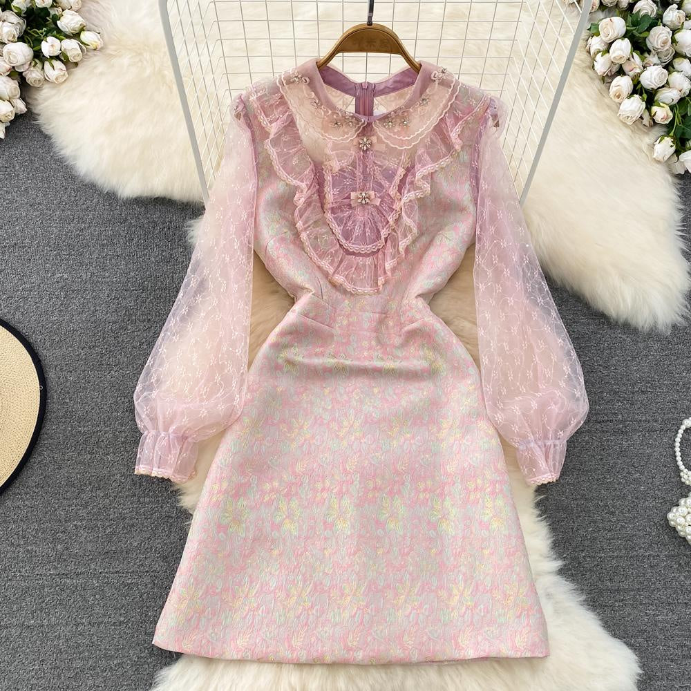 [READY] LD 98 Eris Pink Jacquard Brukat Lace Dress