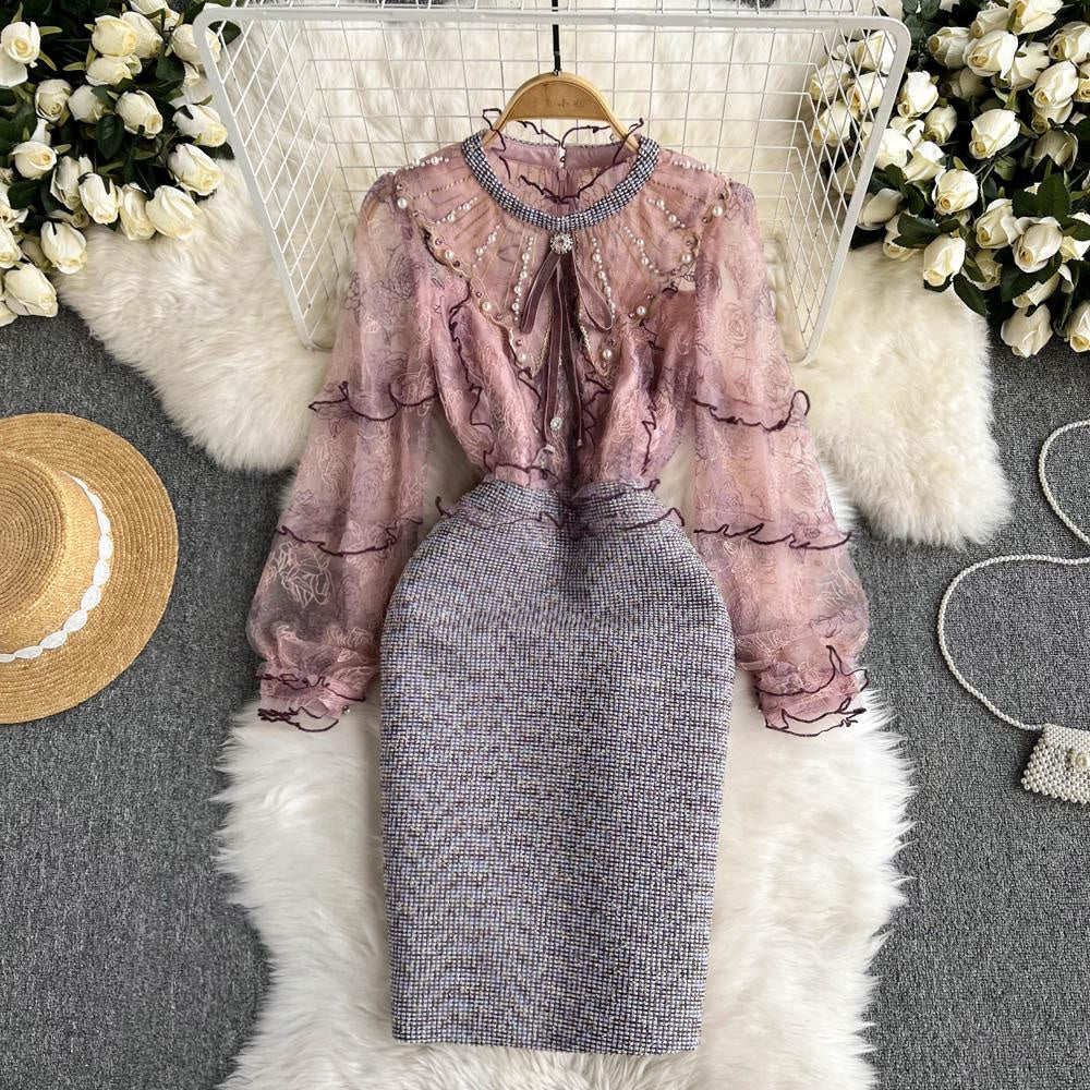 [READY] LD 94-98 Aella Pink-Purple Tweed Brukat Lace Dress