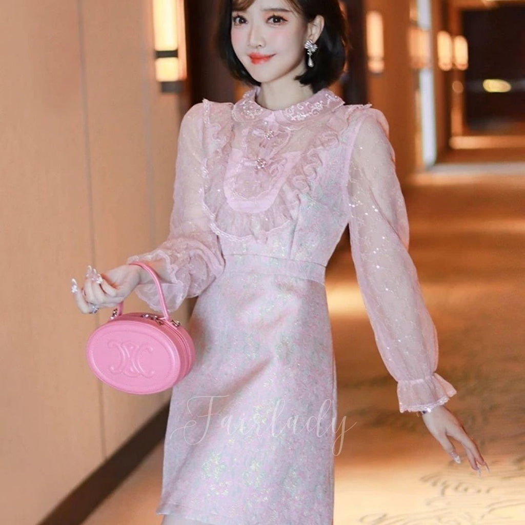 [READY] LD 98 Eris Pink Jacquard Brukat Lace Dress