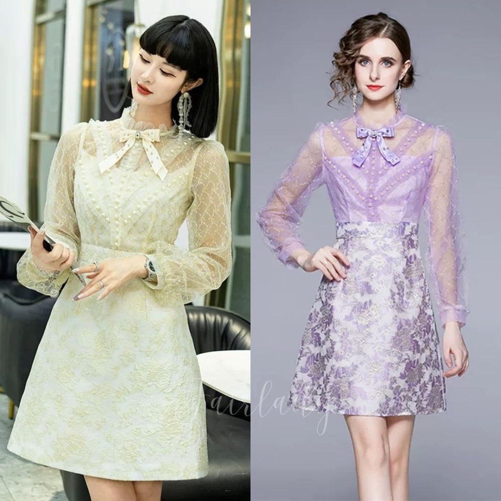 [READY] LD 92-100 Sheva Jacquard Pearl Lace Dress