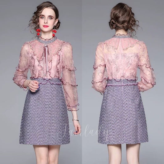 [READY] LD 94-98 Aella Pink-Purple Tweed Brukat Lace Dress