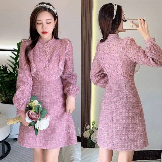 [READY] LD 86-96 Daleyza Pink Tweed Lace Dress Korea Premium Fairlady_id