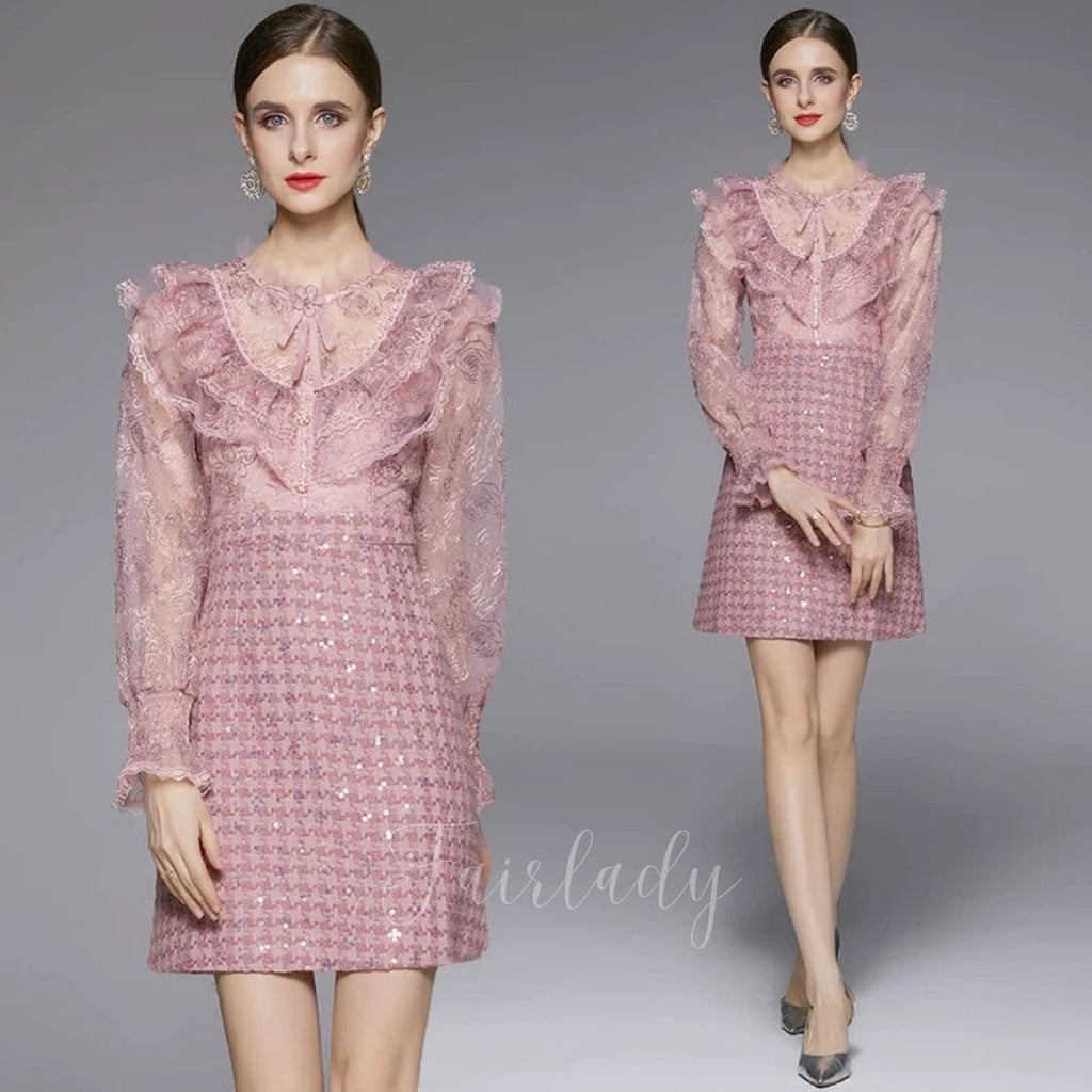 [READY] LD 88-94 Eireen Pink Tweed Brukat Lace Dress Pesta Wanita Korean Style Premium Fairlady_id