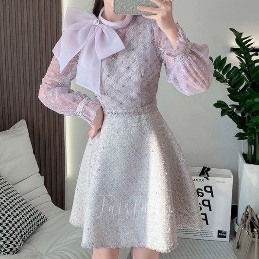 [READY] LD 90-96 Amrita Lilac Tweed Lace Brukat Ribbon Dress Korean Style Premium Fairlady_id