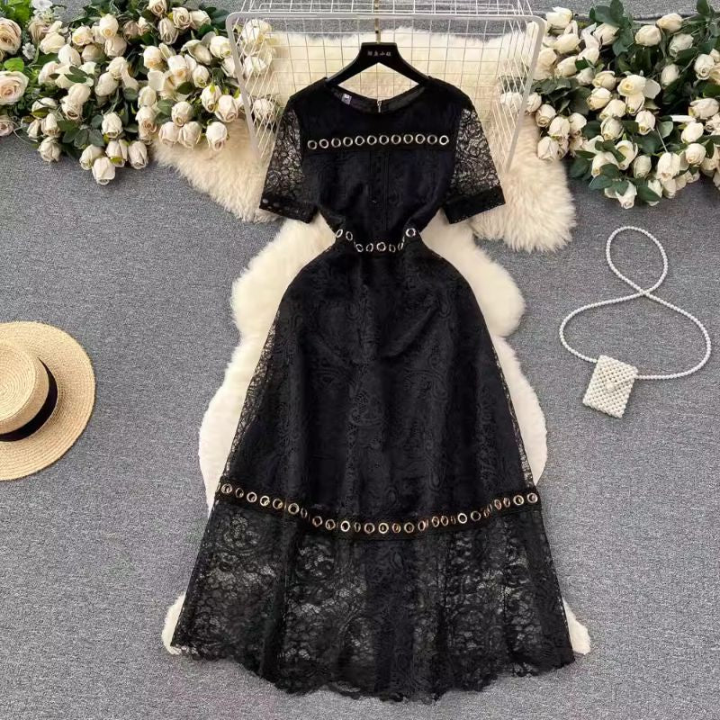 [READY] LD 90-94 Lynne White/Black Brukat Lace Ring Maxi Dress Korean Style Premium Fairlady_id 152