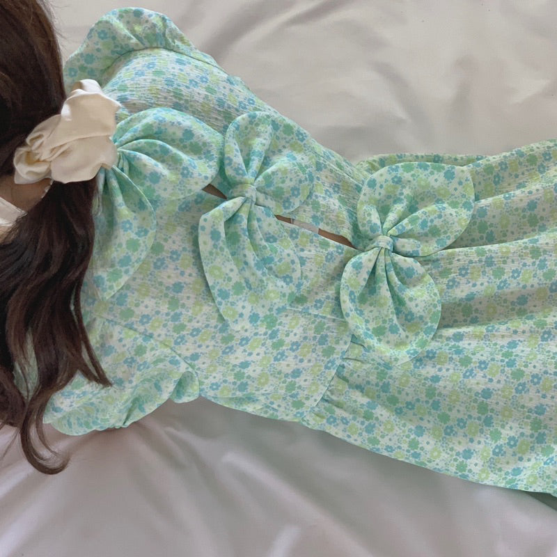 LD 86 Shari Floral Mint Ribbon Dress Korea Fairlady