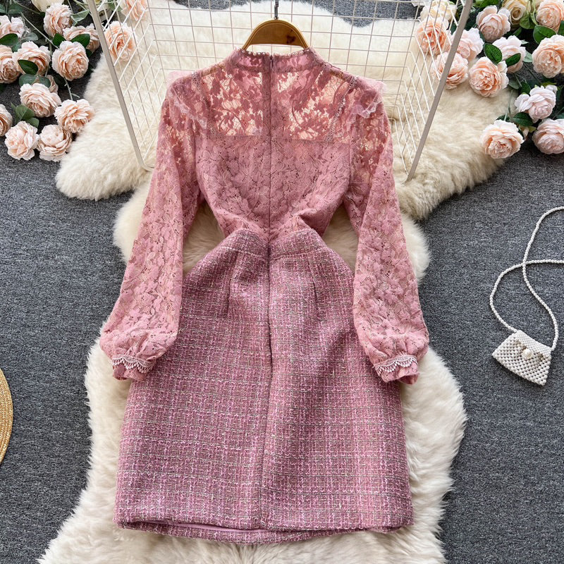 [READY] LD 86-96 Daleyza Pink Tweed Lace Dress Korea Premium Fairlady_id