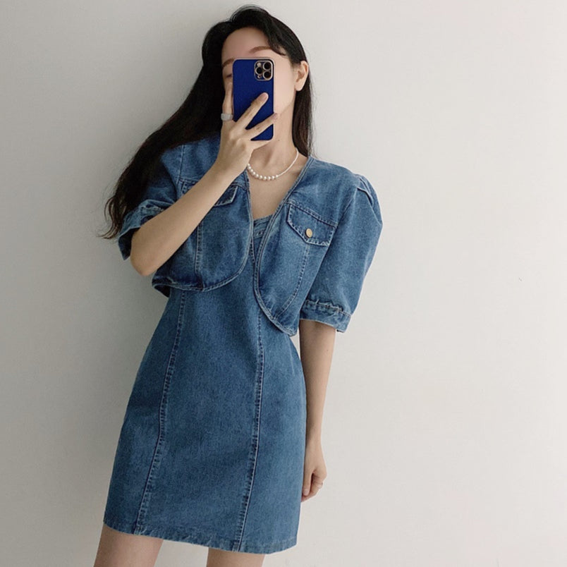 Nesta Jeans Set Outer+Dress Denim Korea Fairlady