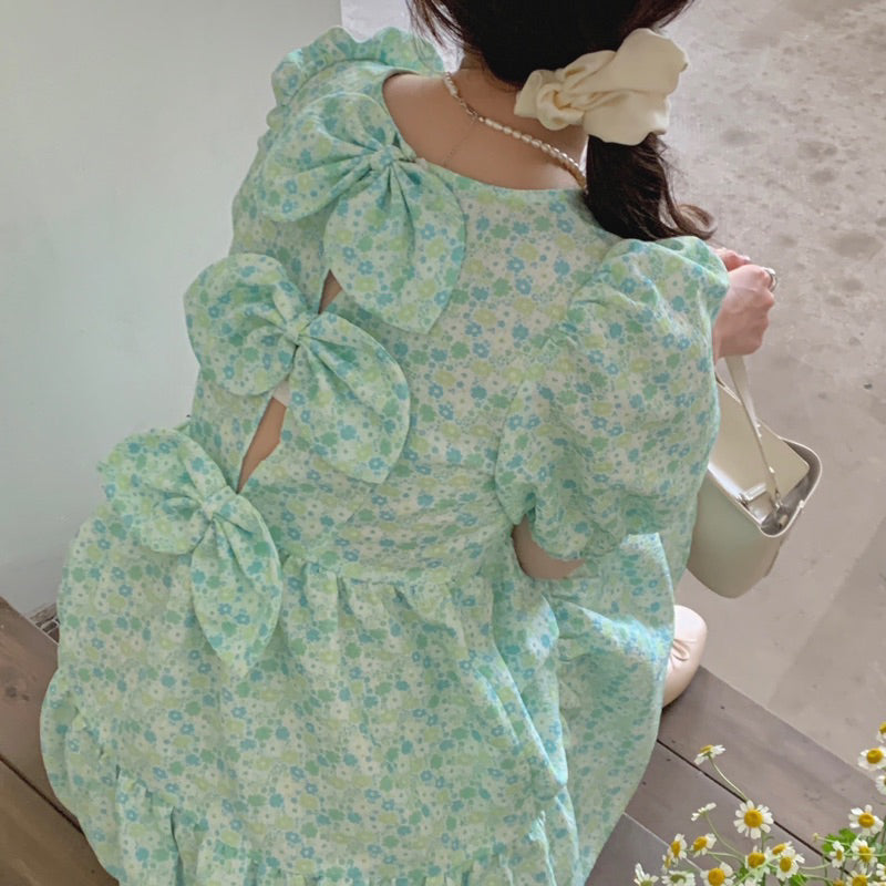 LD 86 Shari Floral Mint Ribbon Dress Korea Fairlady