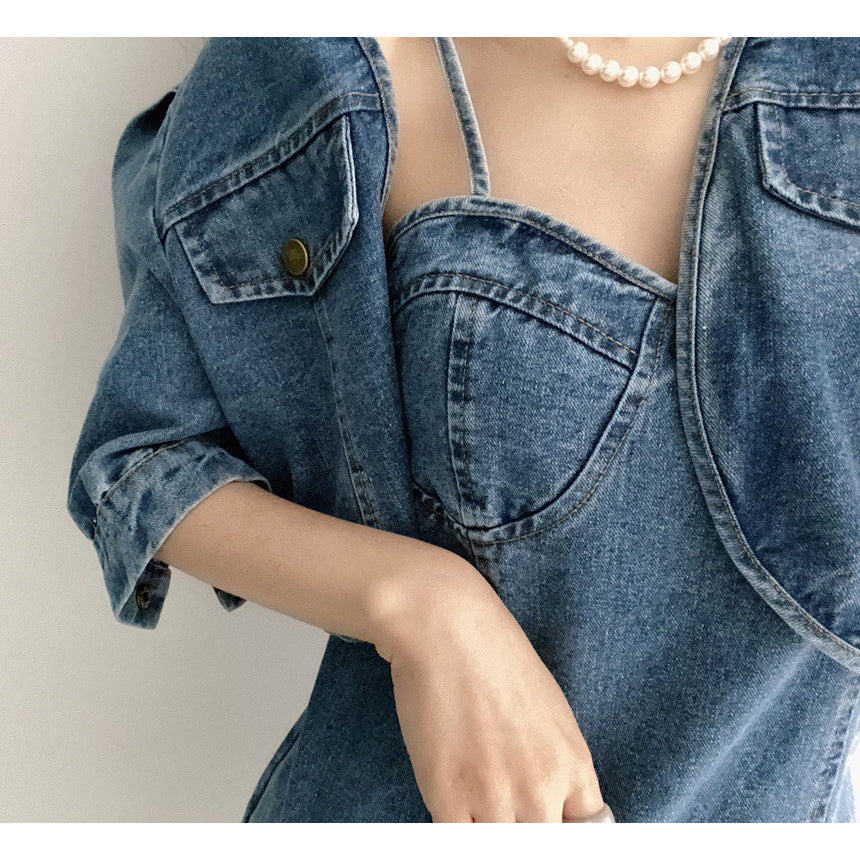 Nesta Jeans Set Outer+Dress Denim Korea Fairlady