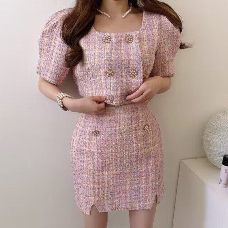 LD 88-90 Fenella Pink Tweed Set Top+Skirt Korea Fairlady