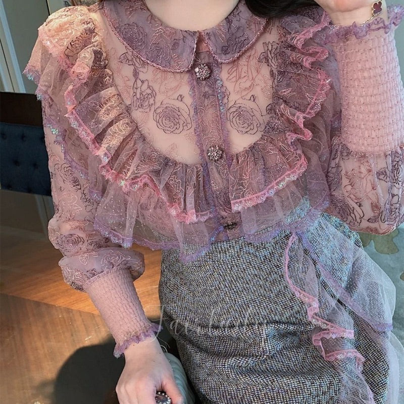 [READY] LD 92-102 Elita Pink-Purple Tweed Lace Dress