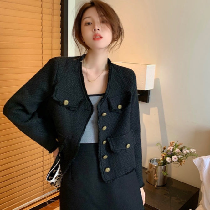 LD 92/100 Small Melania Black Crop Tweed Blazer Korea Fairlady