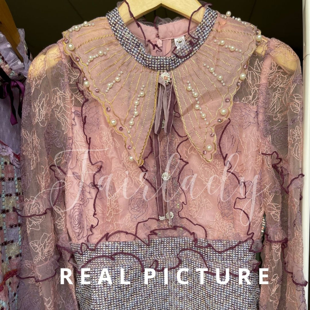 [READY] LD 94-98 Aella Pink-Purple Tweed Brukat Lace Dress