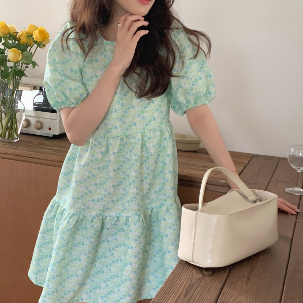 LD 86 Shari Floral Mint Ribbon Dress Korea Fairlady