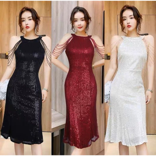 [READY STOCK] LD 76-100 Aleah Sequin Party Midi Dress Korea Gaun Pesta Wanita Korean Style Premium Fairlady 04/09