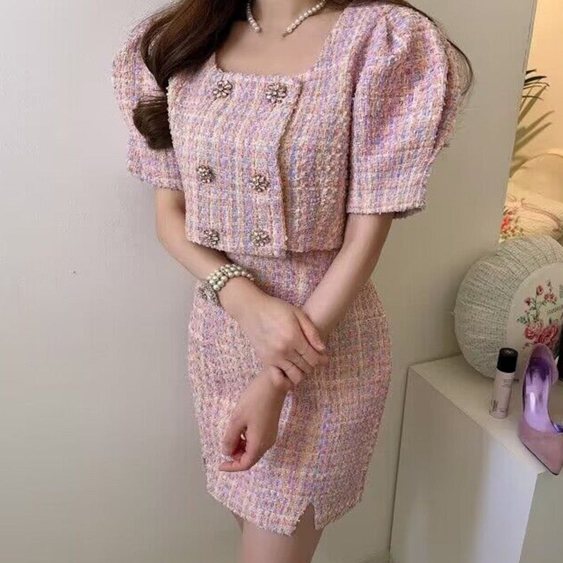 LD 88-90 Fenella Pink Tweed Set Top+Skirt Korea Fairlady