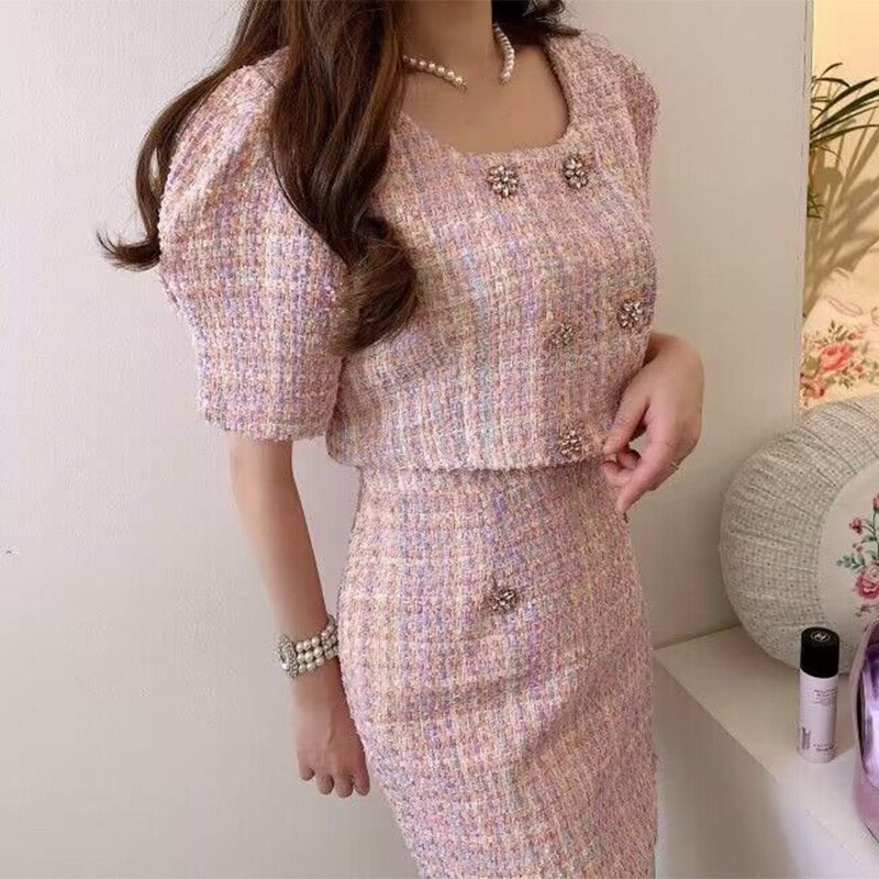 LD 88-90 Fenella Pink Tweed Set Top+Skirt Korea Fairlady