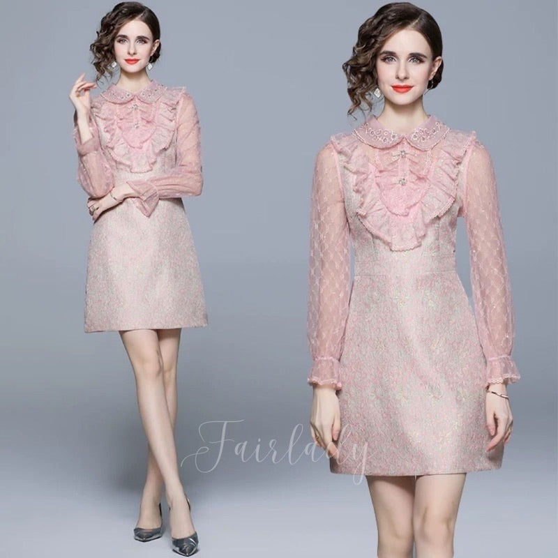 [READY] LD 98 Eris Pink Jacquard Brukat Lace Dress