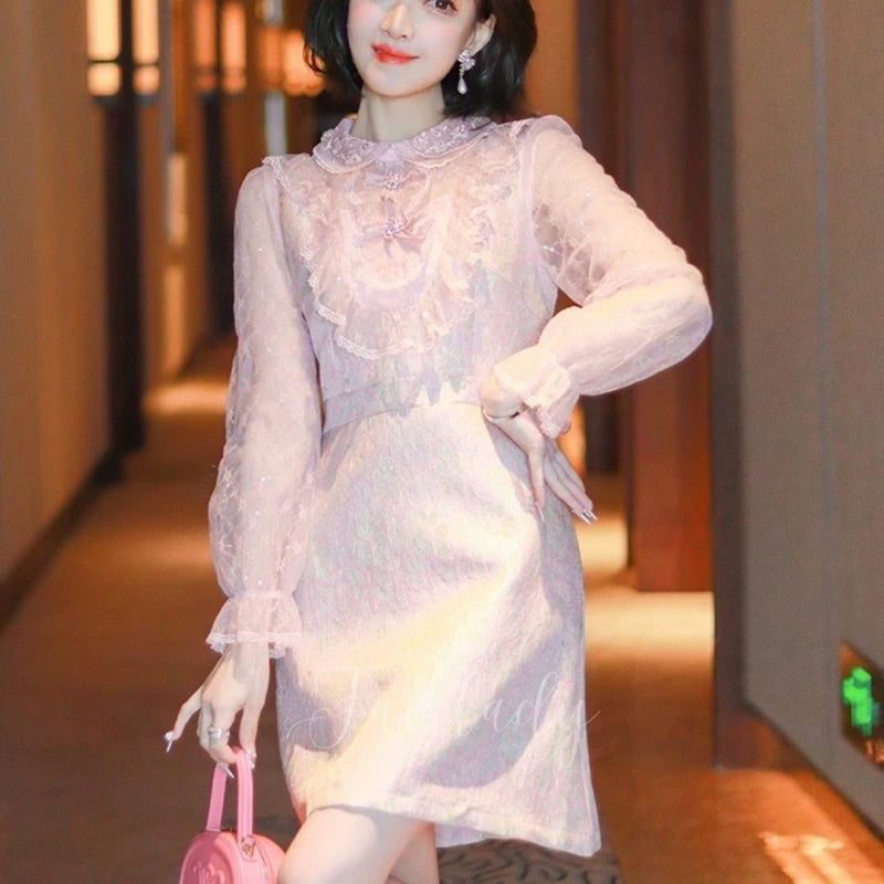 [READY] LD 98 Eris Pink Jacquard Brukat Lace Dress