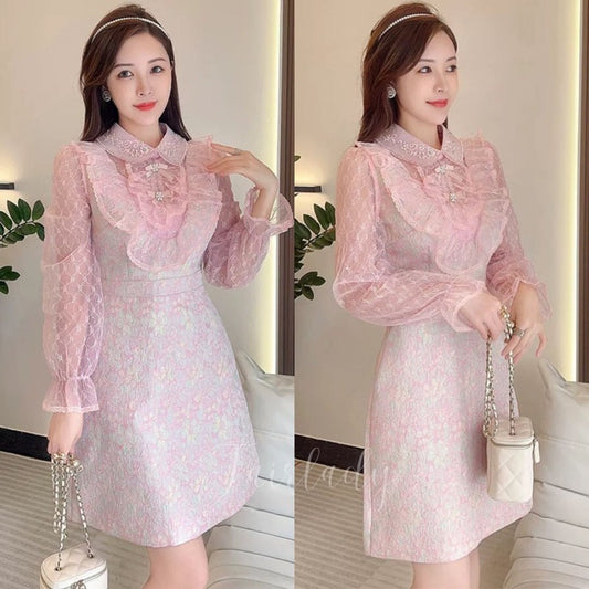 [READY] LD 98 Eris Pink Jacquard Brukat Lace Dress