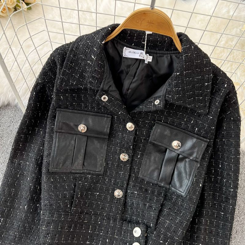 LD 98 Elga Black Tweed Blazer Kulit Korea Fairlady