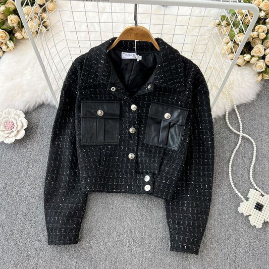 LD 98 Elga Black Tweed Blazer Kulit Korea Fairlady