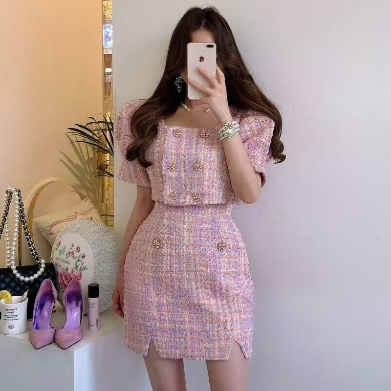 LD 88-90 Fenella Pink Tweed Set Top+Skirt Korea Fairlady