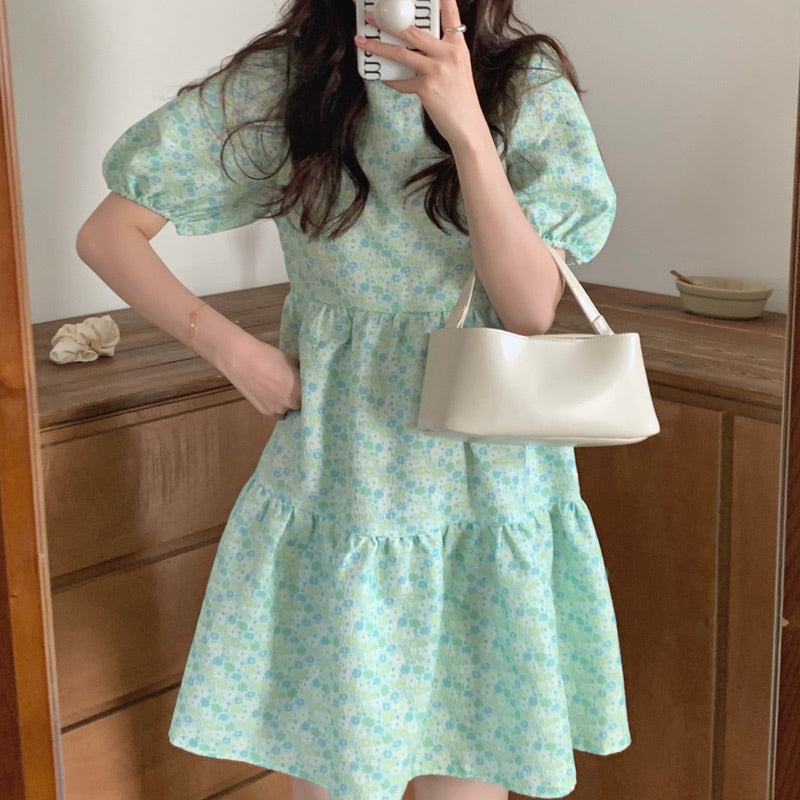 LD 86 Shari Floral Mint Ribbon Dress Korea Fairlady