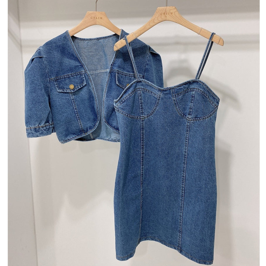 Nesta Jeans Set Outer+Dress Denim Korea Fairlady