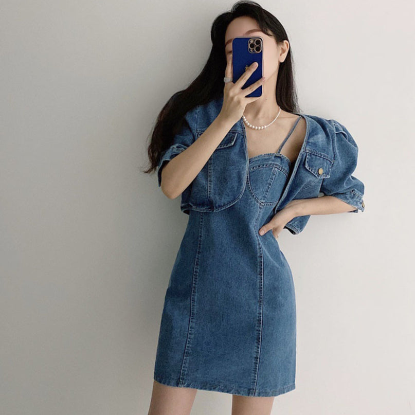 Nesta Jeans Set Outer+Dress Denim Korea Fairlady