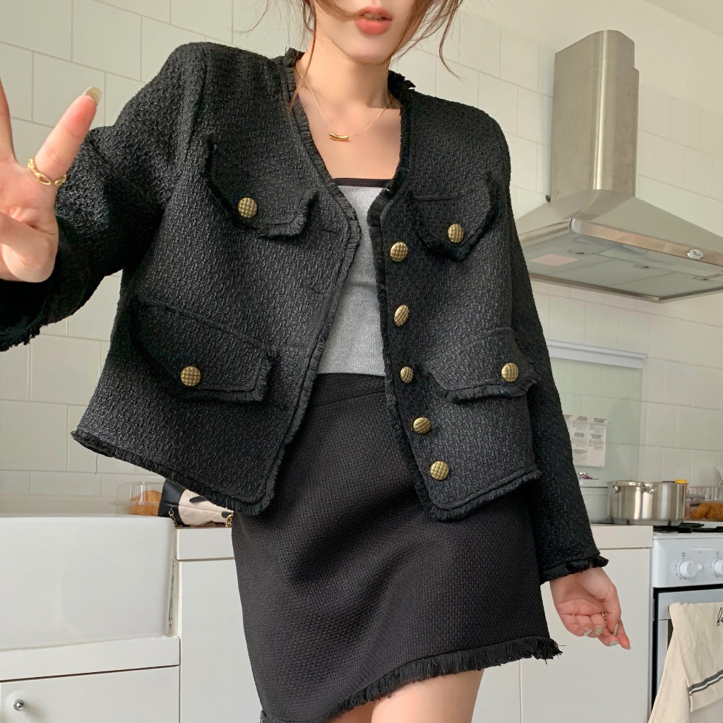 LD 92/100 Small Melania Black Crop Tweed Blazer Korea Fairlady