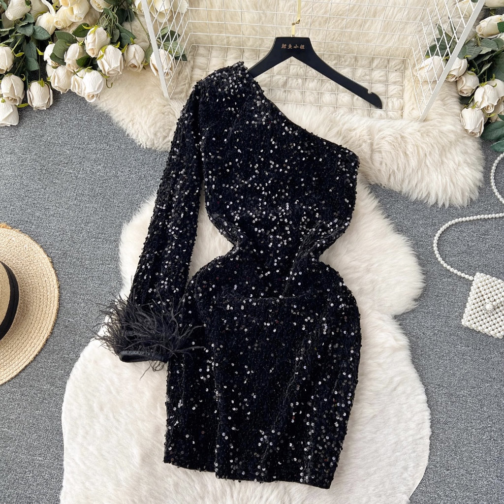 [READY] LD 84-88 Dardy Sequin Fur Party Mini Dress Pesta Korean Style Premium Fairlady_id 157