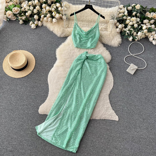 LD 86 Svetlana Green-Mint Sequin Set Top+Skirt