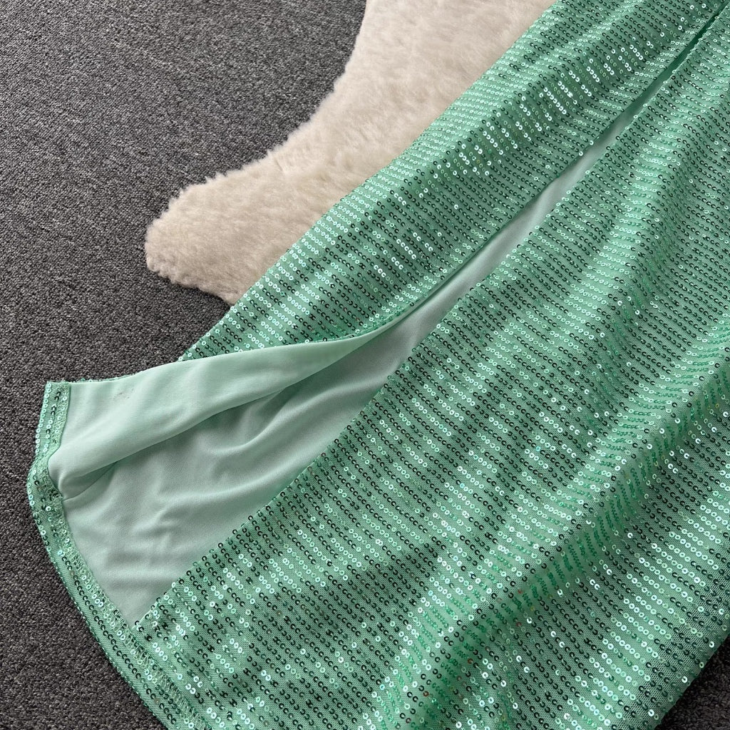 LD 86 Svetlana Green-Mint Sequin Set Top+Skirt