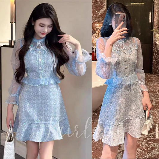 [READY] LD 90-100 Agatha Tweed Lace Blink Blue Dress Korean Style Premium Fairlady 176