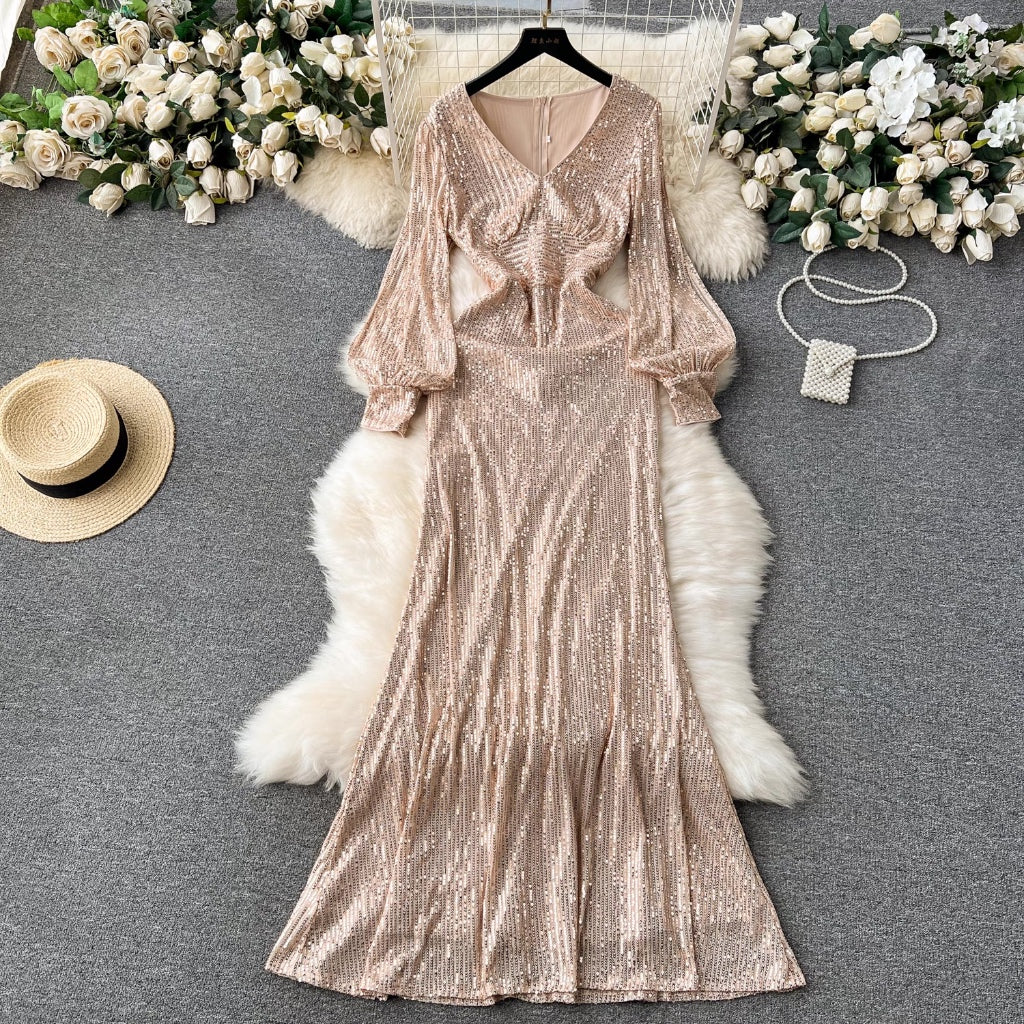 [READY STOCK] BIG LD 84-108 Ghania (Rose Gold) Sequin Maxi Long Sleeve Dress Pesta Korean Style Premium Fairlady 8/7