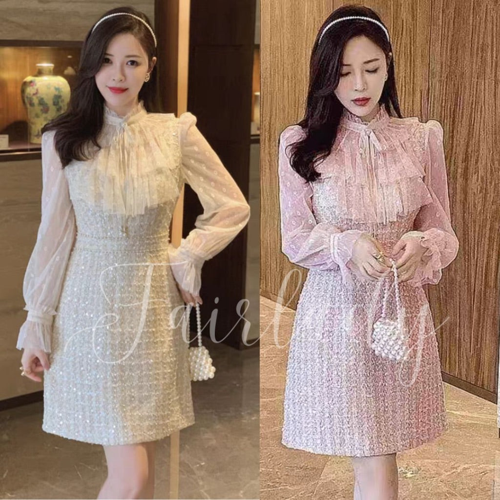 [READY] LD 90-100 Edith Tweed Lace Sequin Ribbon Dress Korean Style Premium Fairlady 181